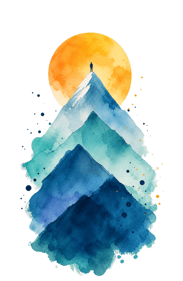 Watercolor mountain illustration with a figure at the summit and orange sun